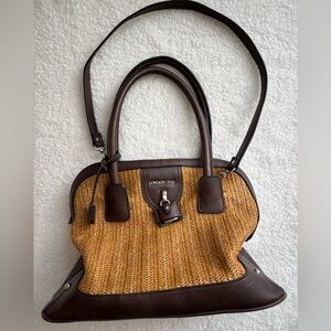 London Fog Brown Straw 2-Way Satchel with lock charm